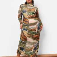 BALI MESH ABSTRACT PRINT PLUS SIZE MAXI BODYCON DRESS