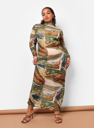 BALI MESH ABSTRACT PRINT Plus Size MAXI BODYCON DRESS