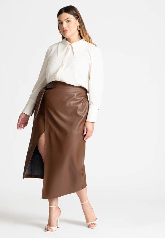 Wrap Front Faux Leather Midi Skirt